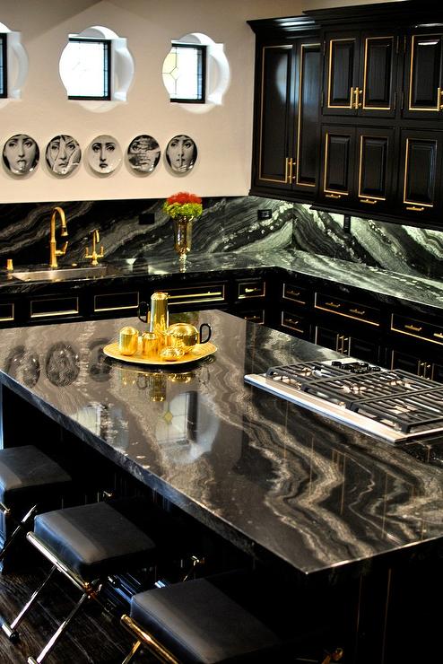 black-kitchen-cabinets-gold-trim-fornasetti-plates-quatrefoil-windows black-kitchen-cabinets-gold-trim-fornasetti-plates-quatrefoil-windows
