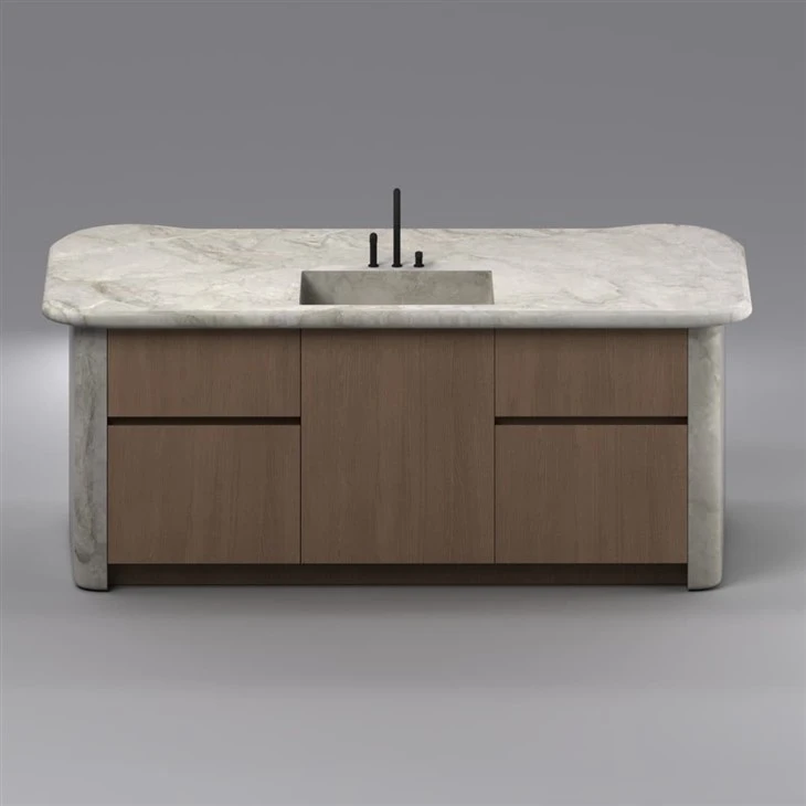 white marble kitchen island back